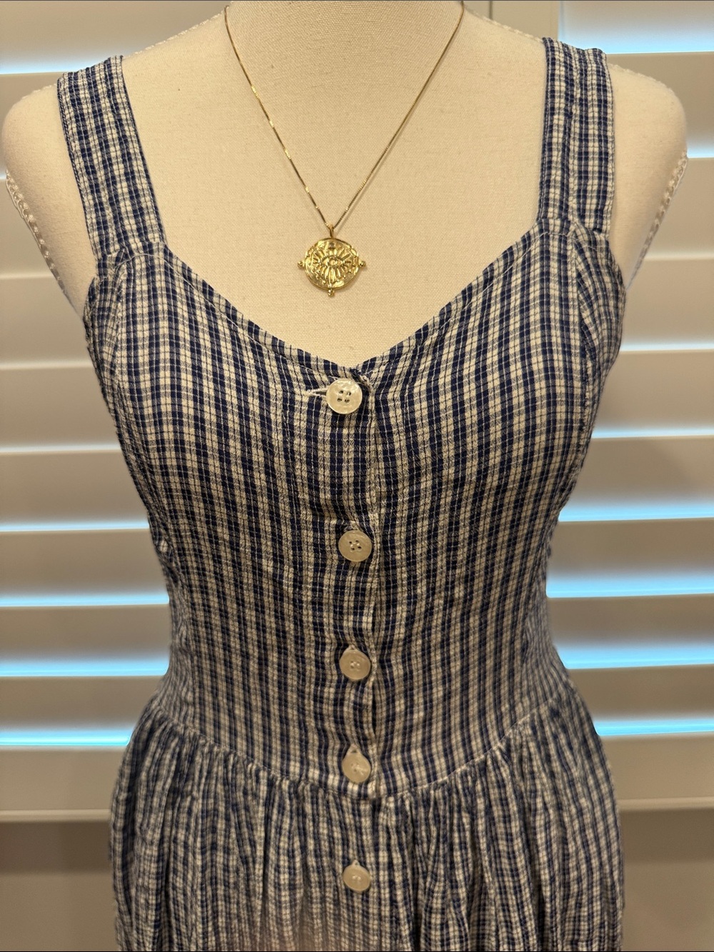Vintage Blue Gingham Button-Front Midi Dress